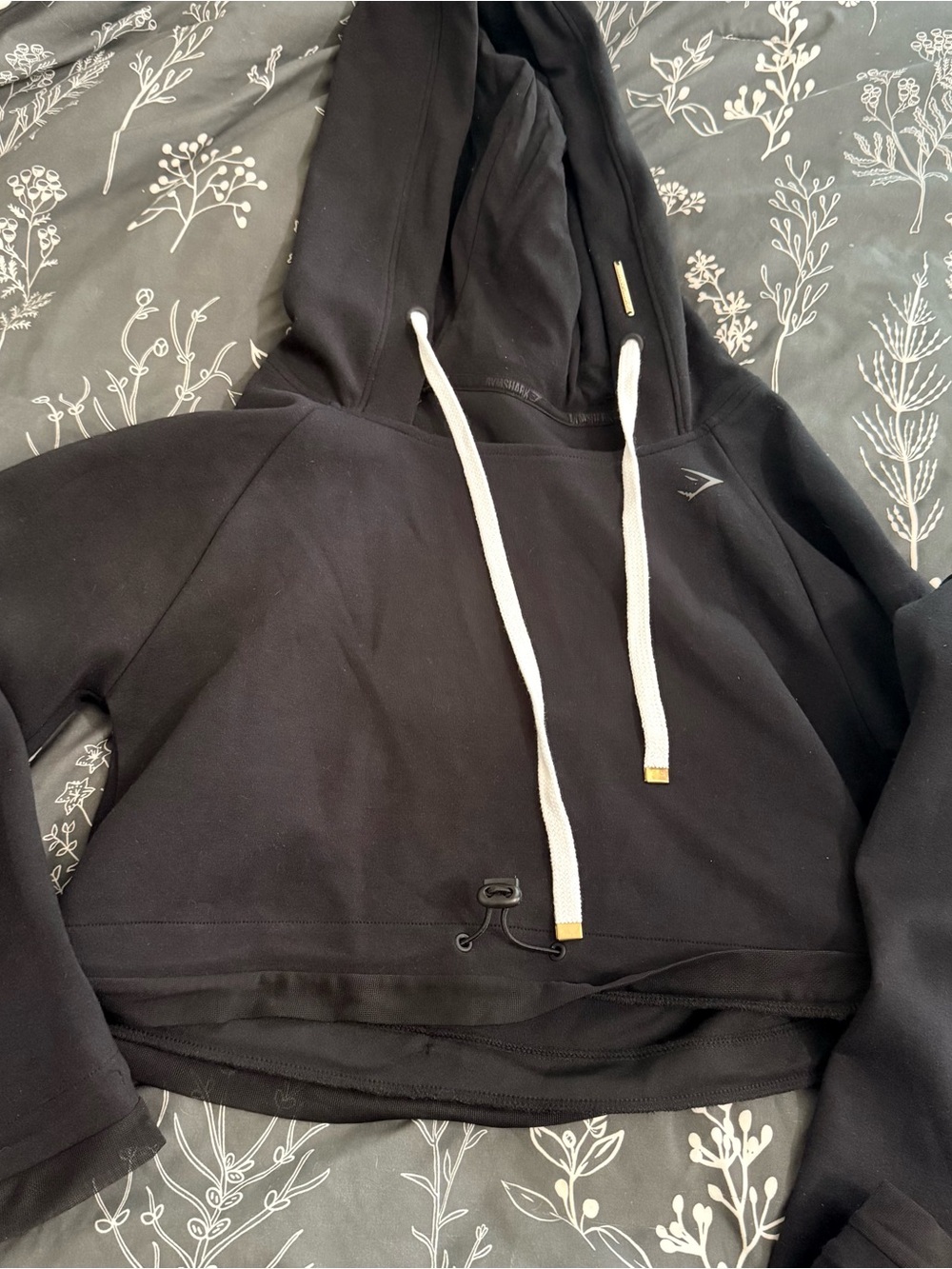 Gymshark Black Cropped Hooded Sweatshirt with White Drawcords